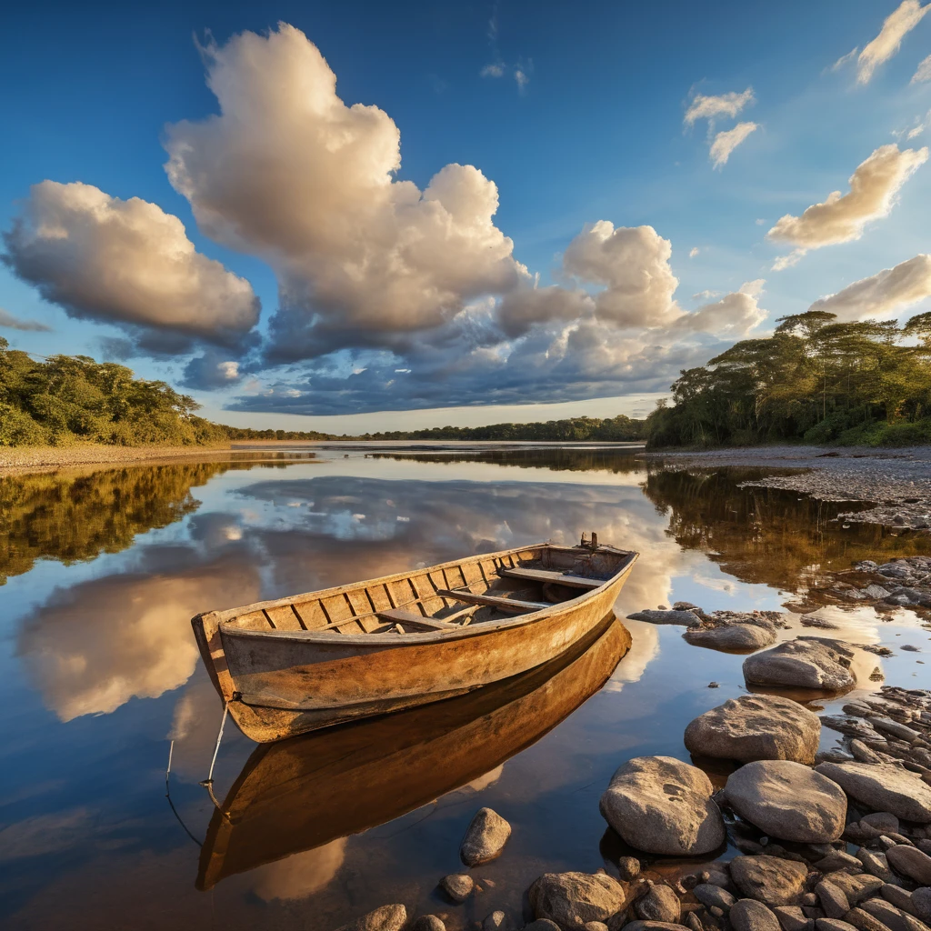 Serene Orinoco riverside at golden hour with wooden boat
