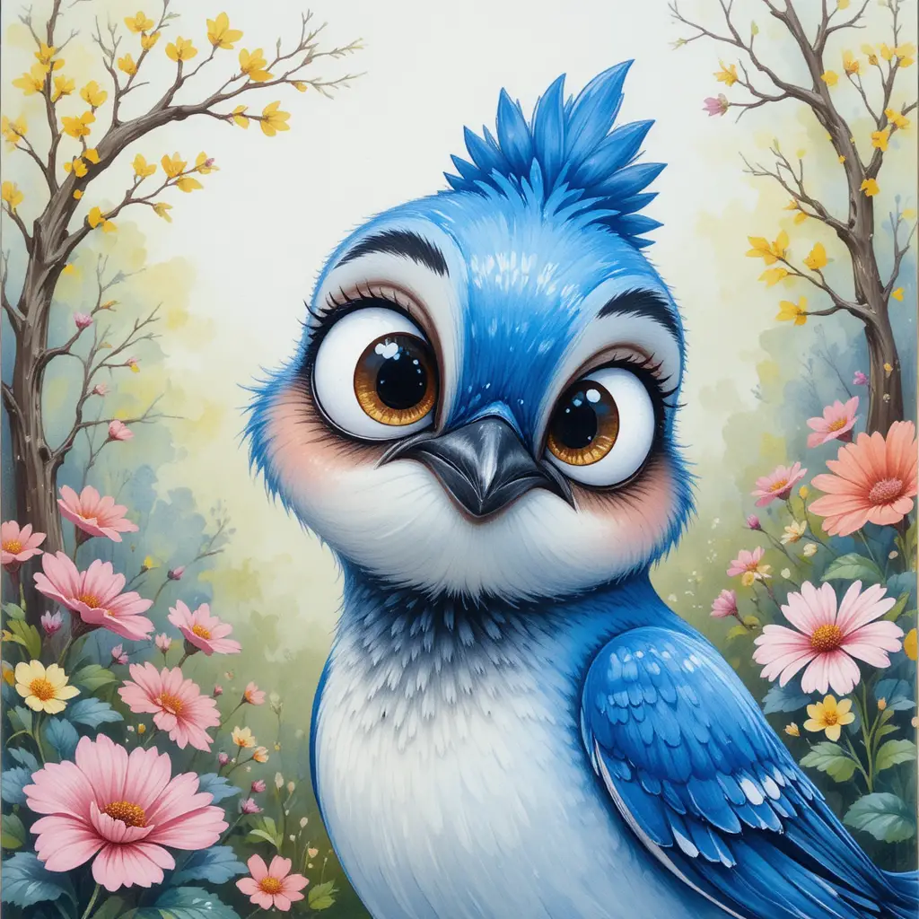 Playful blue jay illustration in a bright spring garden