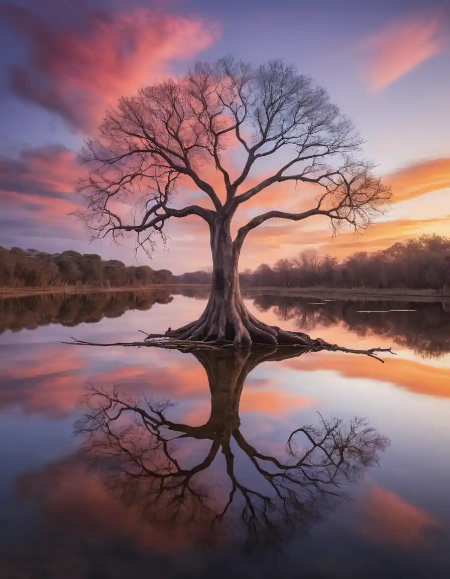 Einsamer Baum über stillem Teich im Sonnenuntergang mit Spiegelung
