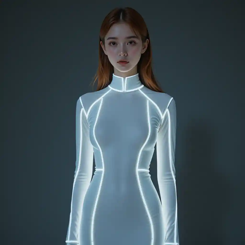 Femme coréenne en robe colonne blanc perle lumineuse