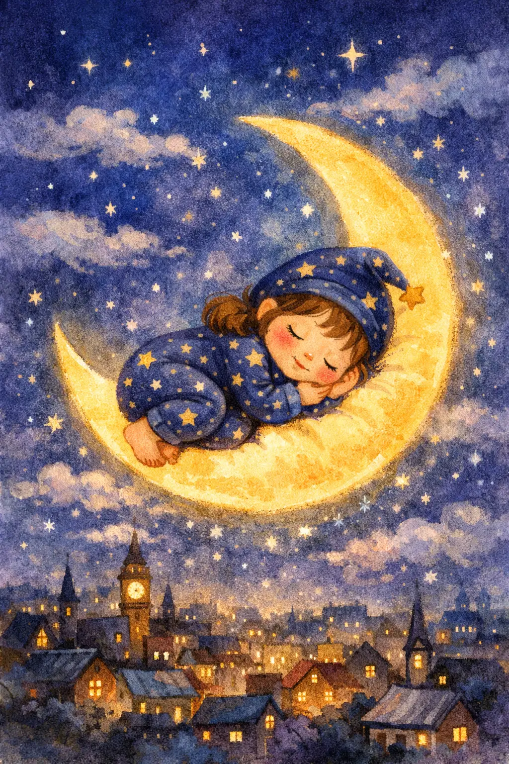 Little Girl Sleeping On Crescent Moon Above City Night Sky
