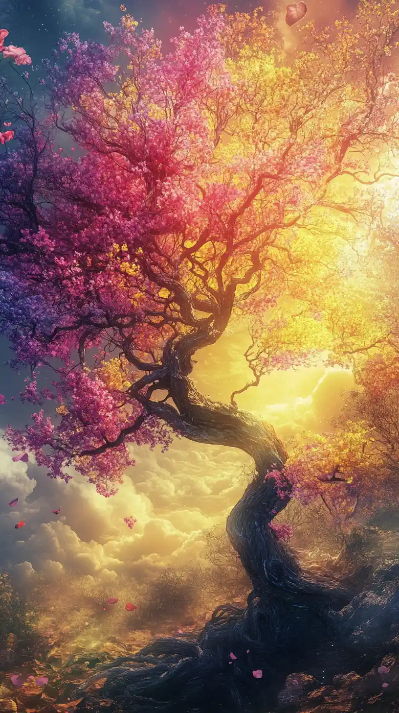 Verdorrter Baum erblüht im Sonnenlicht in bunten Farben
