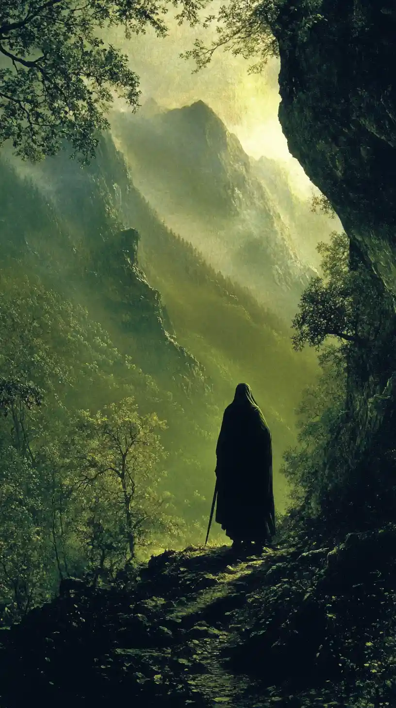 Surreal figures walking along a path in endless green hills
