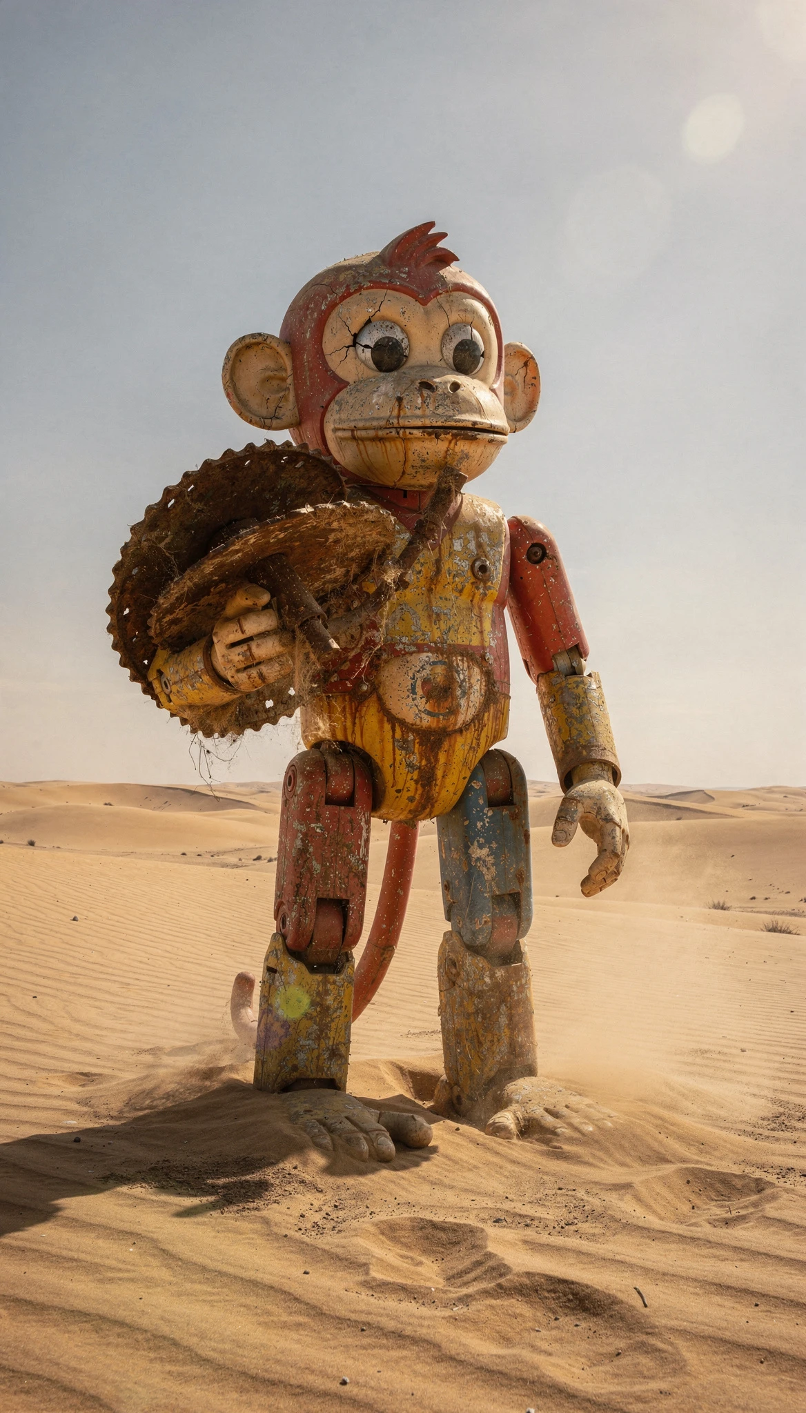 Giant weathered toy monkey standing alone in empty desert