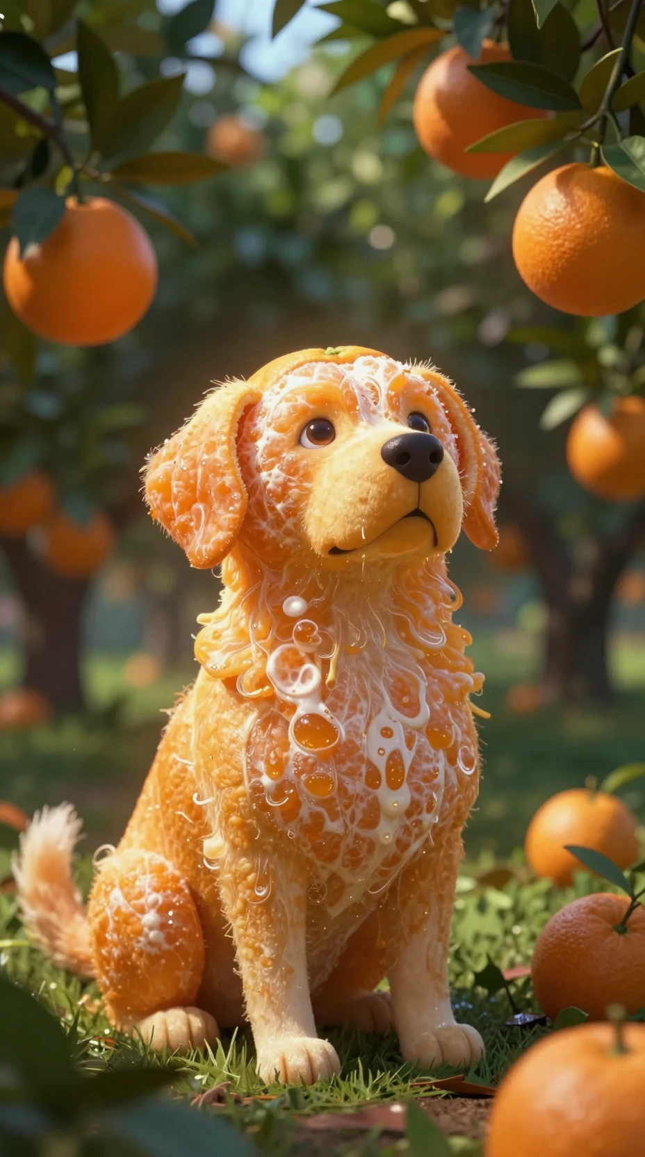 Geschälte Orangenhund-Skulptur im sonnenbeschienenen Obstgarten