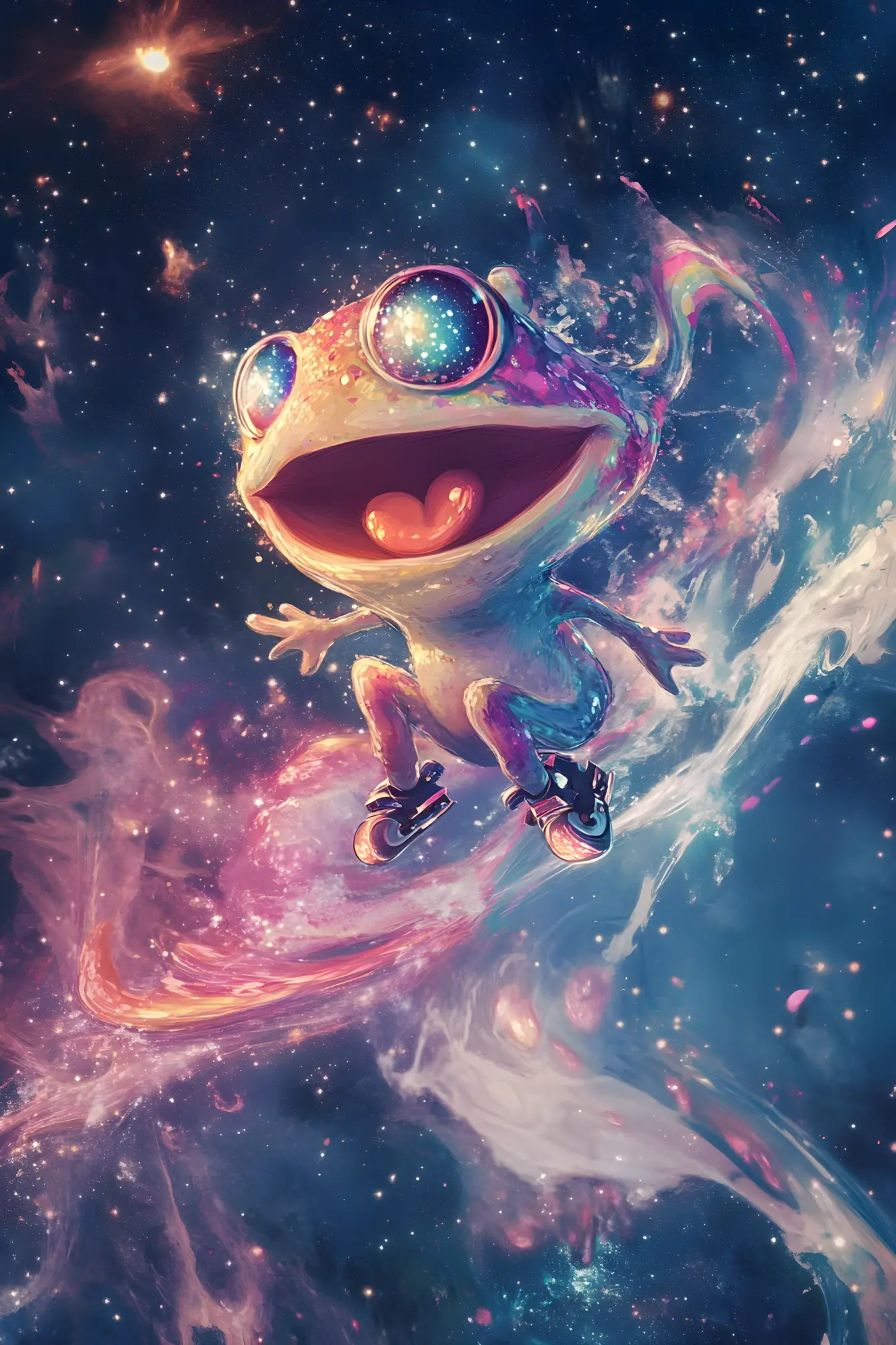 在發光銀河中滑行的奇幻俏皮生物