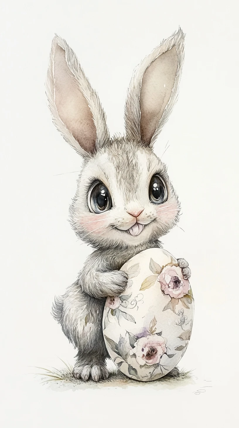 Dreamy watercolor rabbit with easter egg on white background