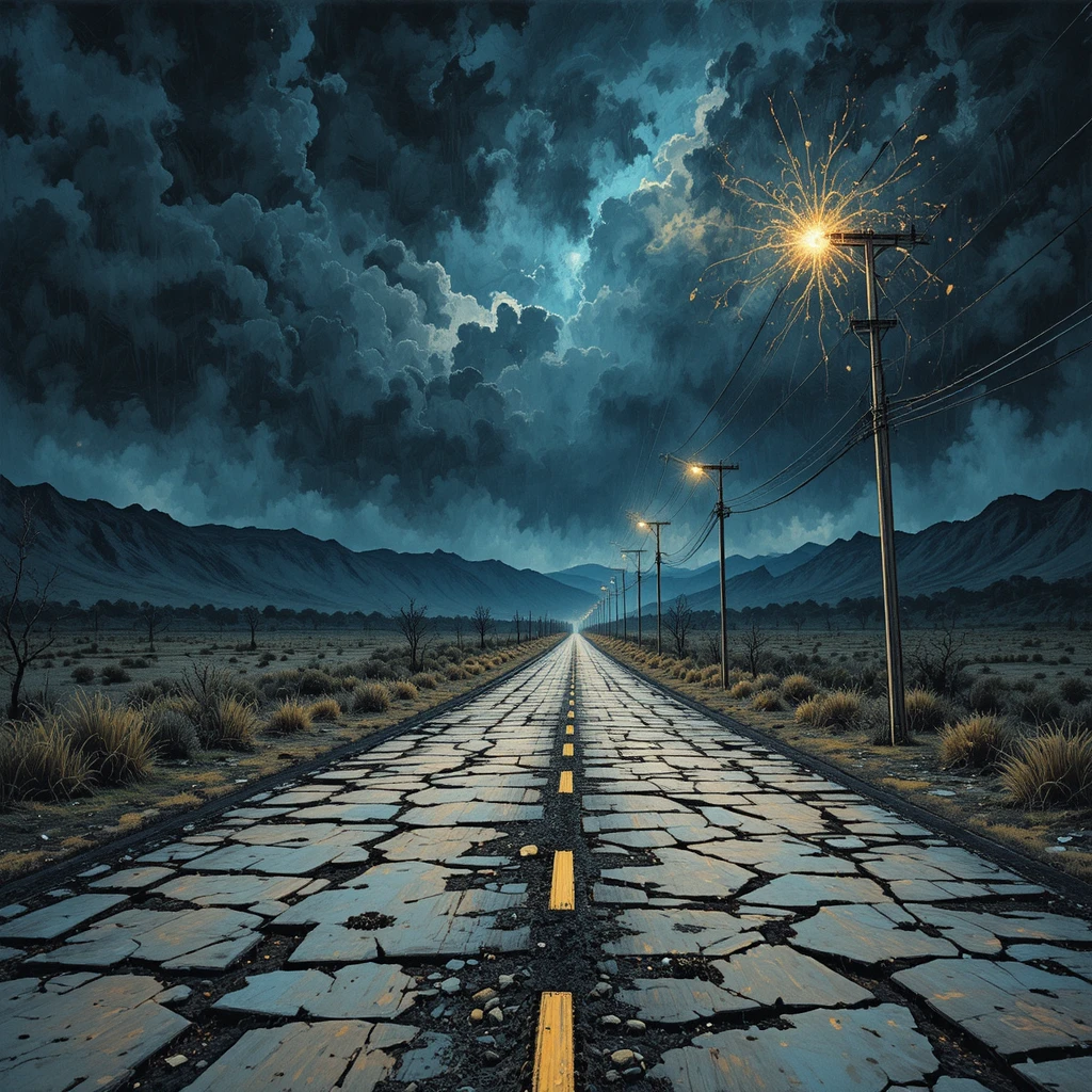 Haunted highway with flickering streetlights in desolate landscape