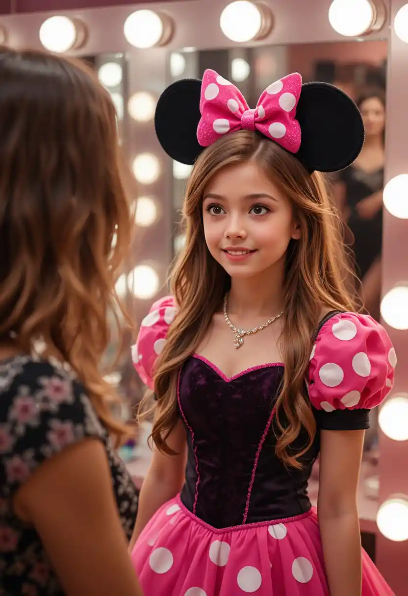 Giovane ragazzo con abito di Minnie nel camerino di una boutique
