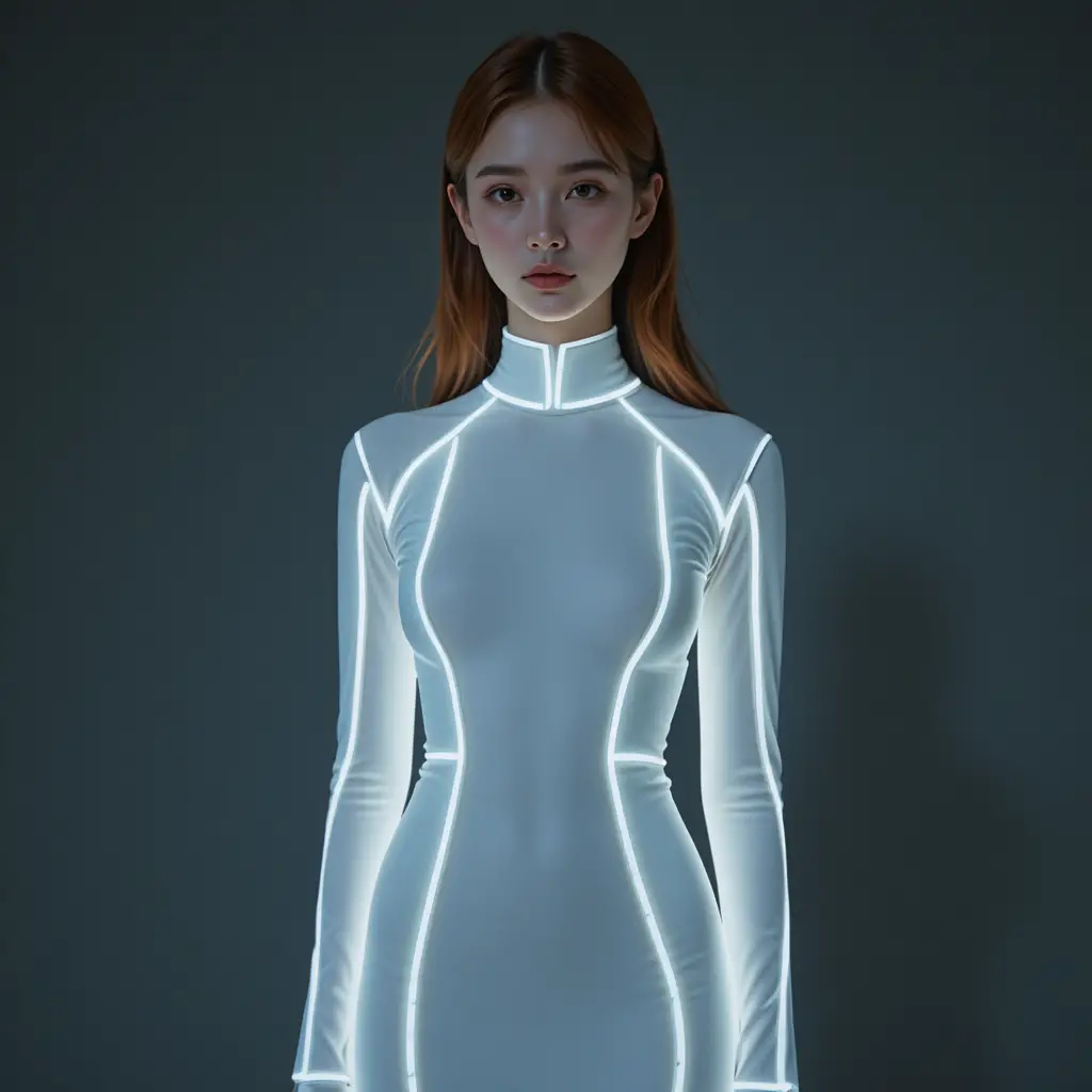 빛나는 진주빛 화이트 슬림 드레스를 입은 한국 여성