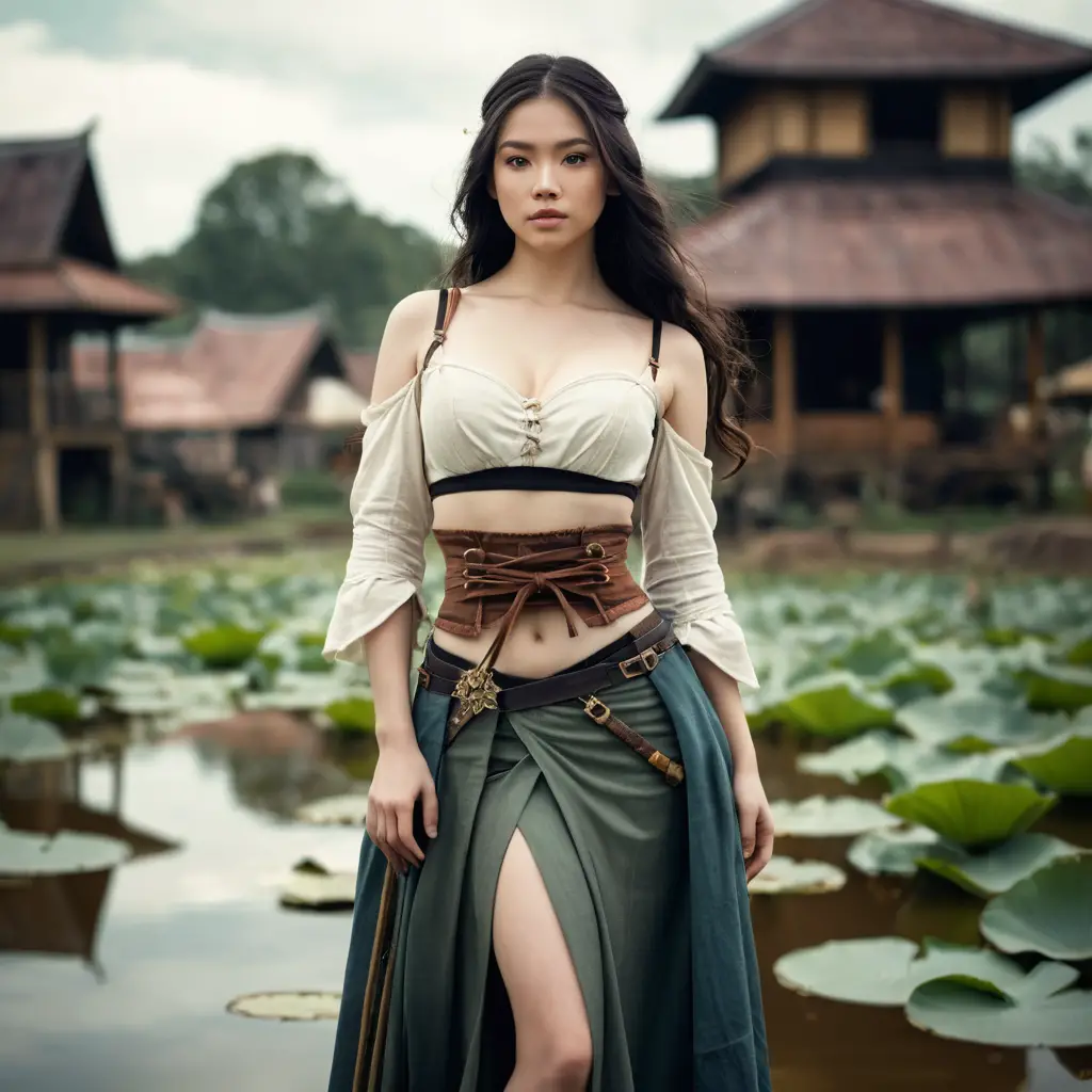Vietnamese woman in steampunk outfit by lotus ponds