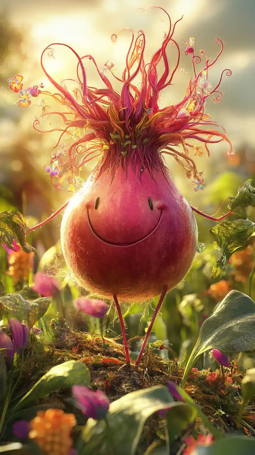 Whimsical beetroot girl standing in a sunny cornfield