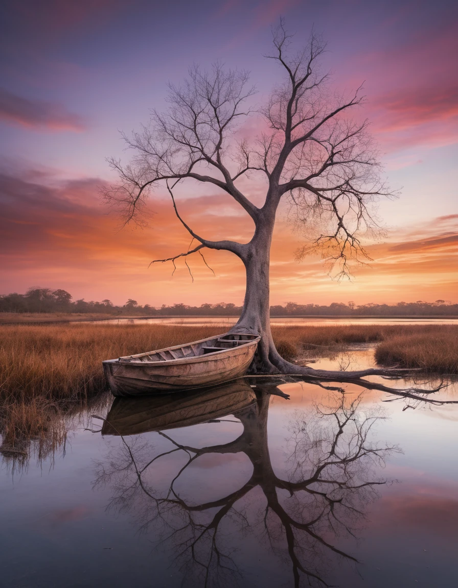 Lonely leafless tree reflected in a calm riverside pond