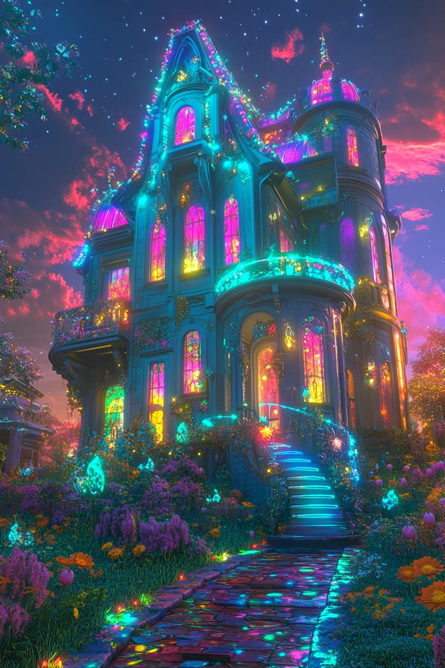Casa iridiscente con forma de piano y luces de borde neón