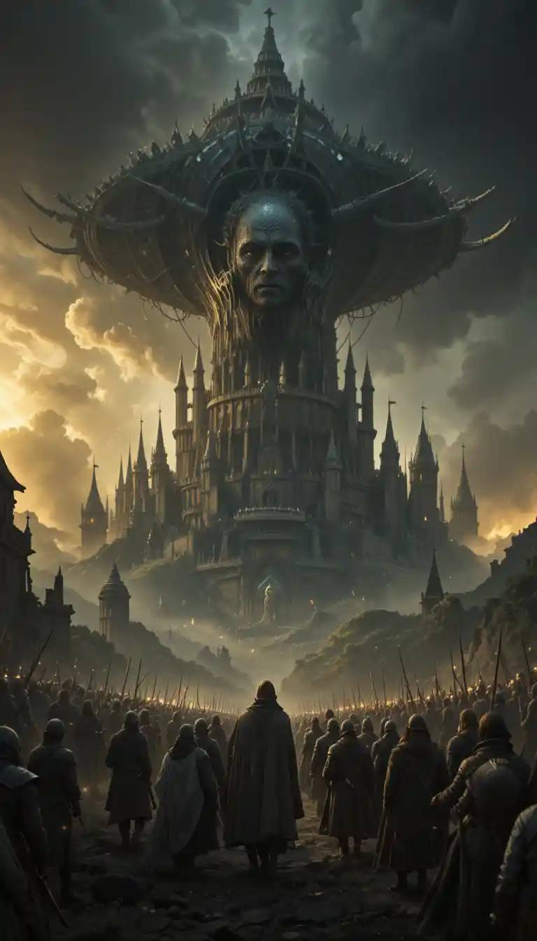 Dark armies besiege a towering white fantasy fortress