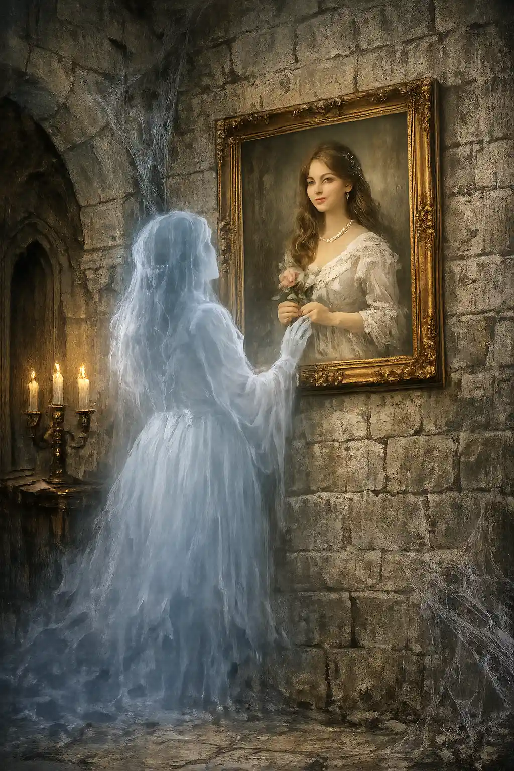 Sad ghostly woman gazing at her youthful portrait in castle
