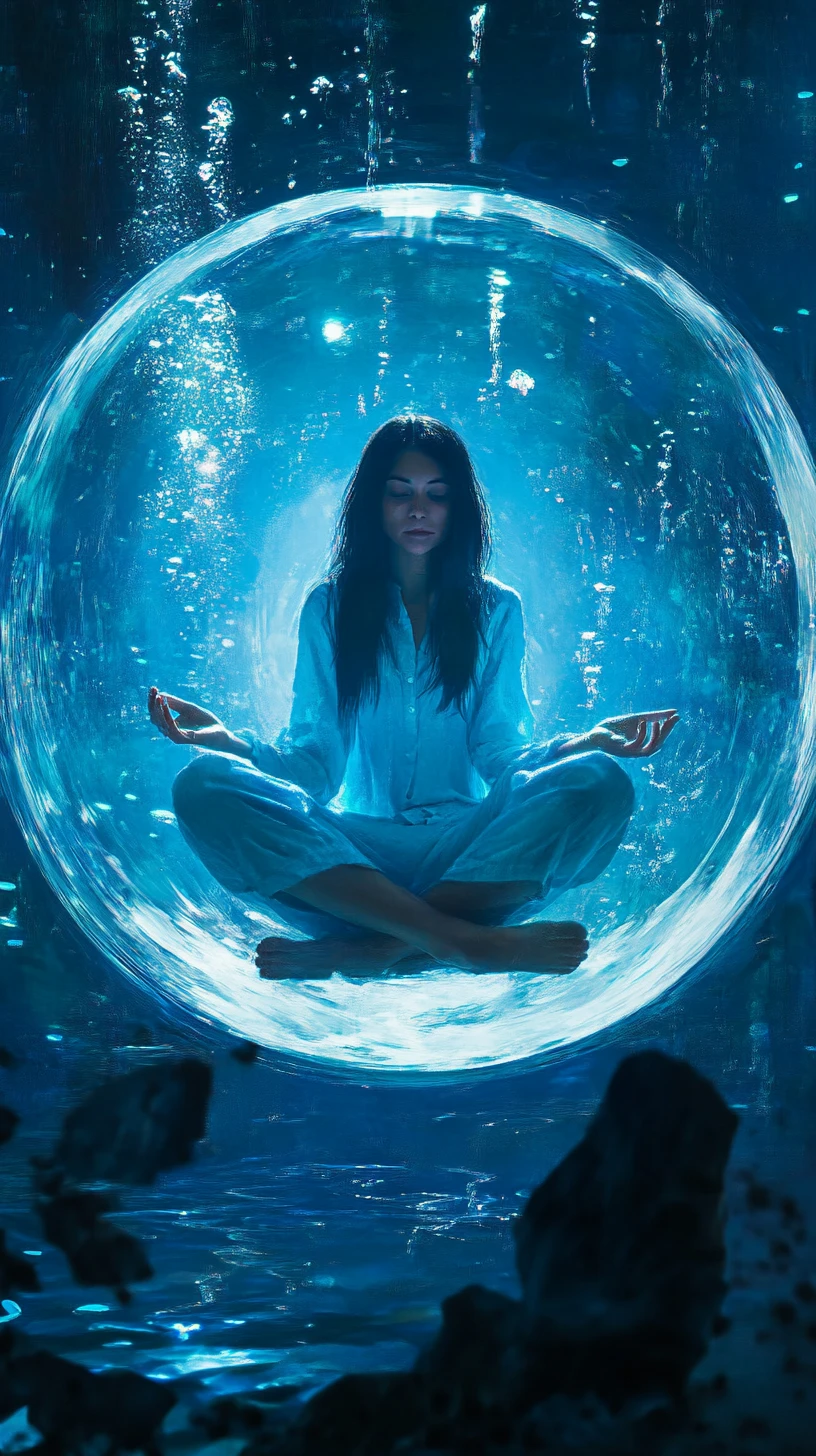 Femme dans une bulle lumineuse assise au fond de l’eau