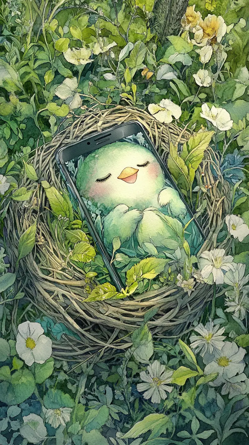 Cheerful Smartphone In A Garden Nest Close Up Illustration