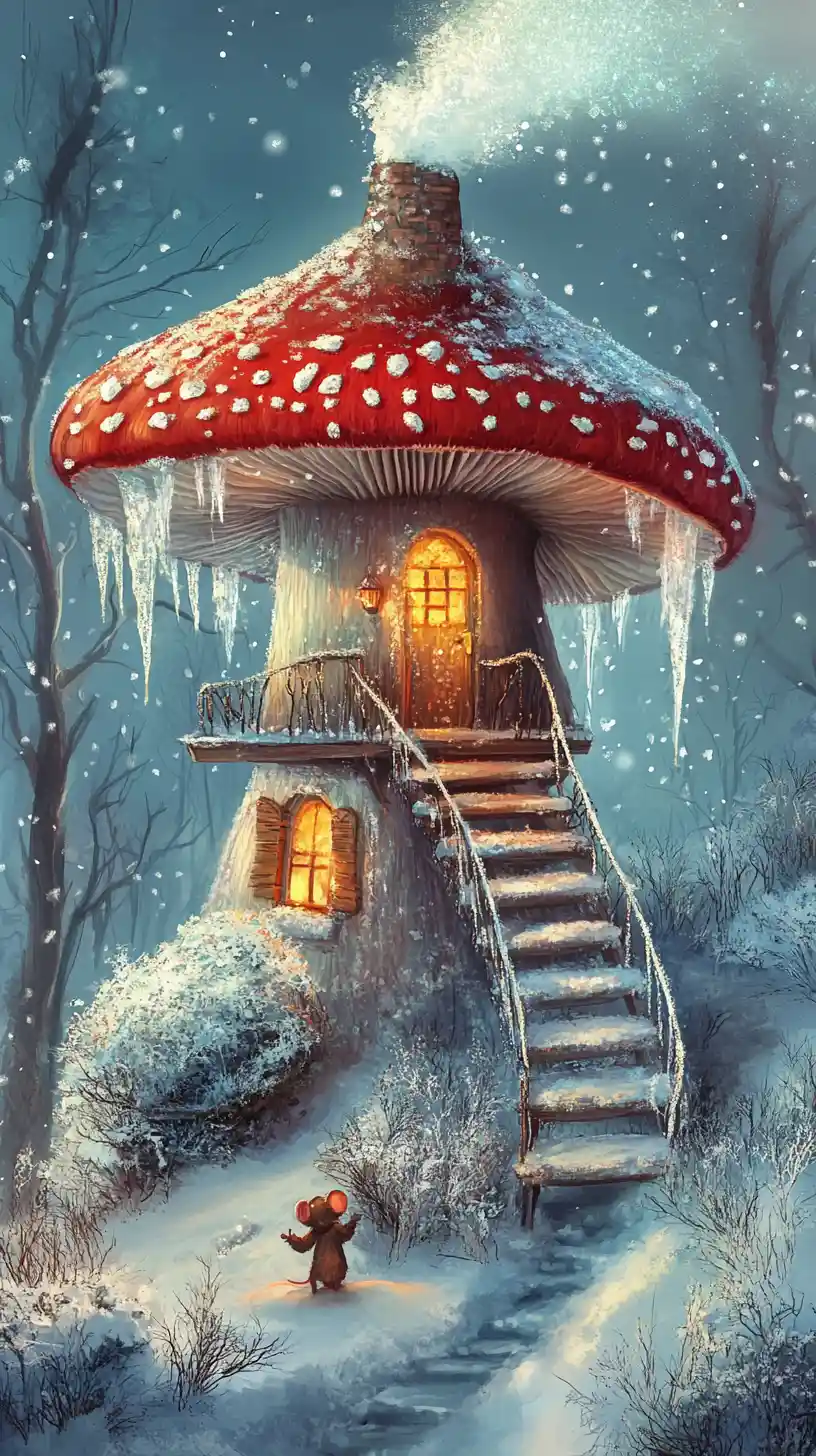 Accogliente casa a forma di fungo in una foresta innevata con topolino