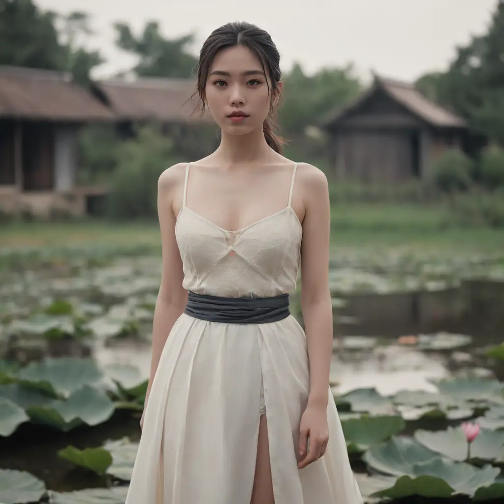 Vietnamese woman by lotus ponds in fashion outfit