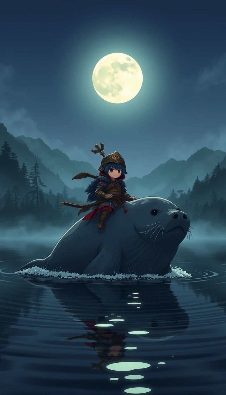 Samurai chibi che cavalca una foca gigante su un lago di foresta al chiaro di luna