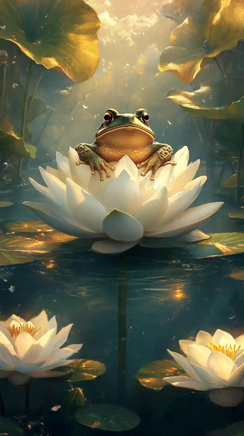 Kröte auf uralter Seerose im nebligen Anime-Teich