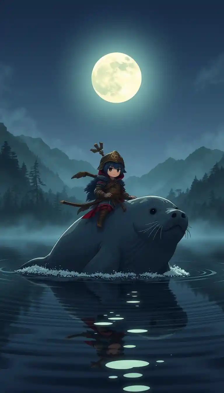 Samurai chibi che cavalca una foca gigante su un lago di foresta al chiaro di luna