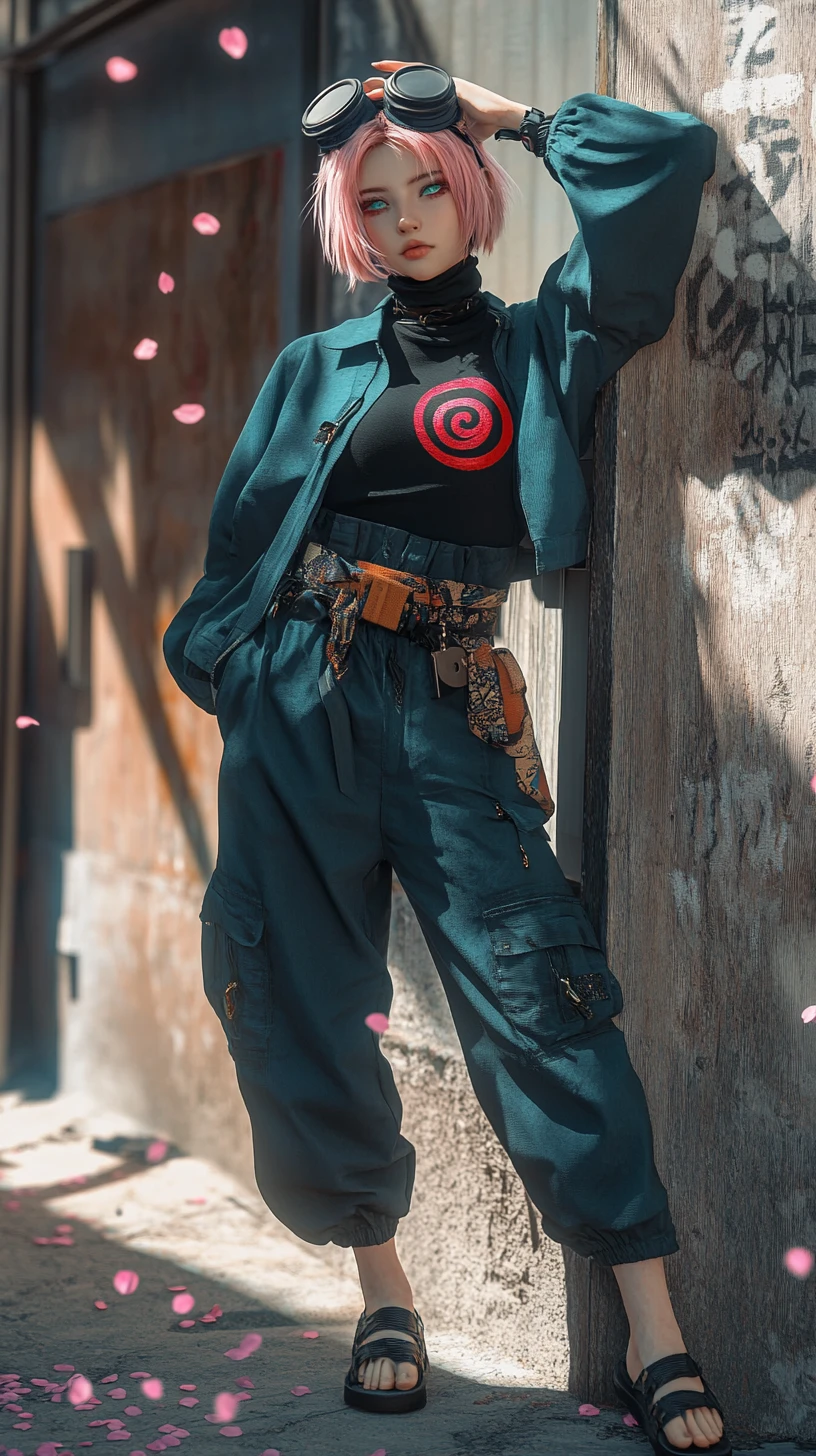 Pink haired anime girl leaning in a sunlit alley