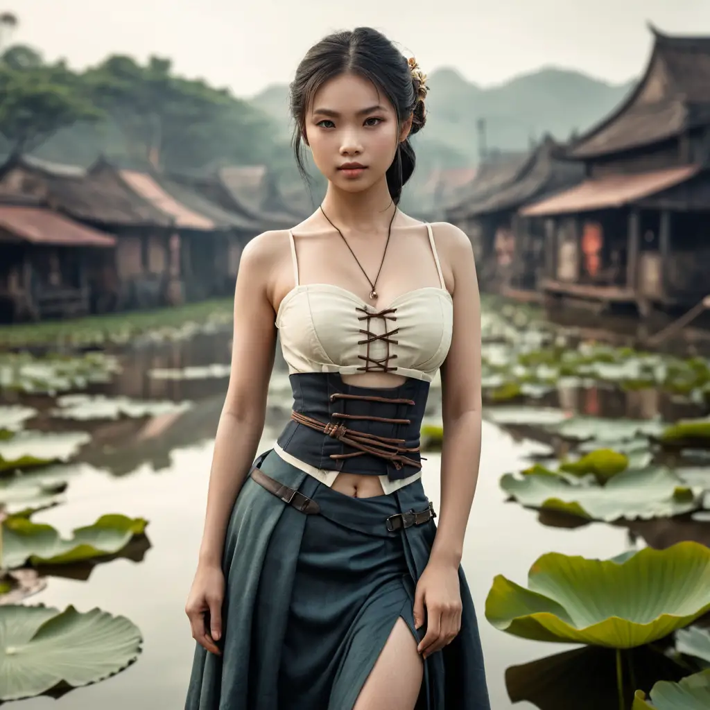Vietnamese woman in steampunk outfit by lotus pond