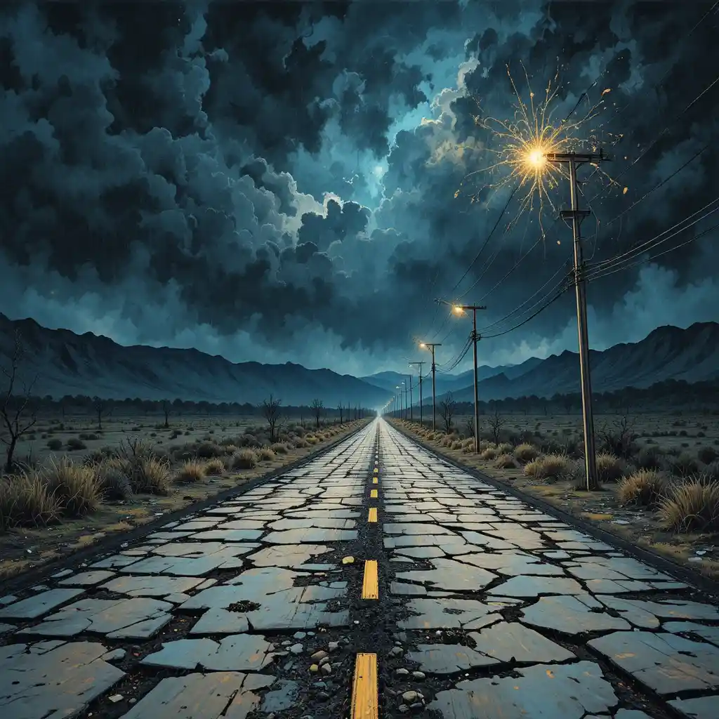 Haunted highway with flickering streetlights in desolate landscape