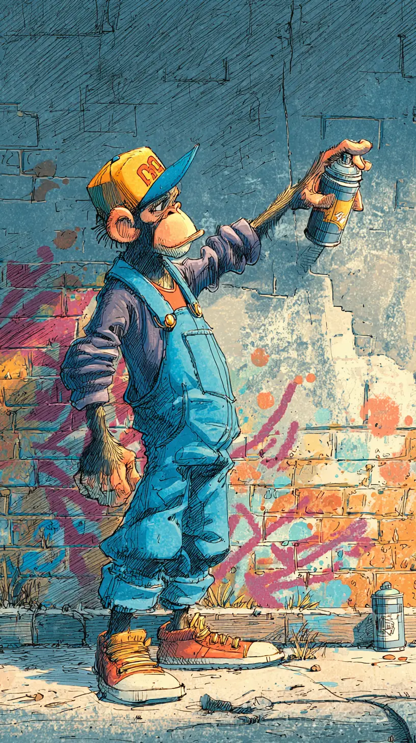Graffiti monkey in blue overalls on urban city wall
