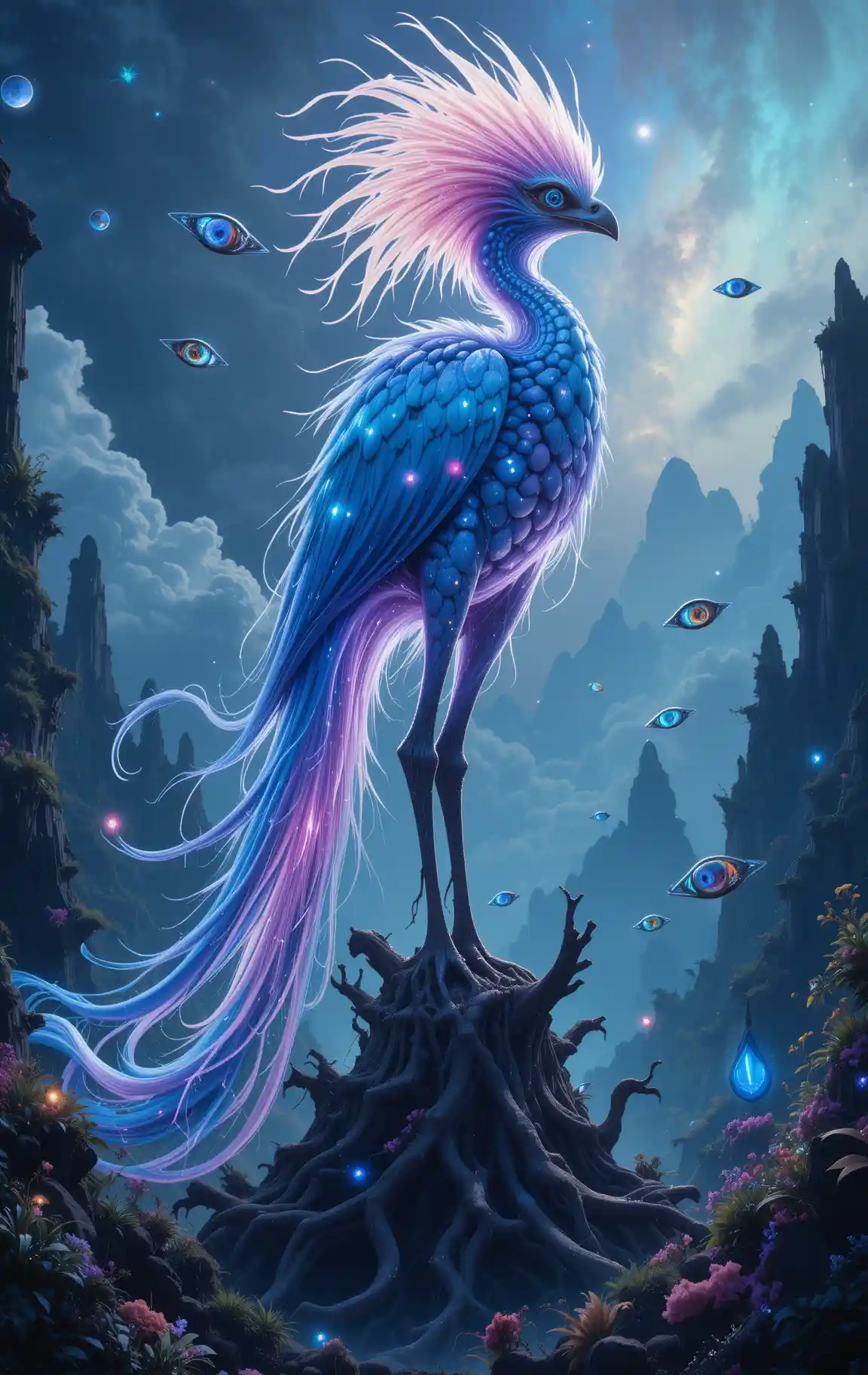 Alien bird of paradise in glowing crystal jungle