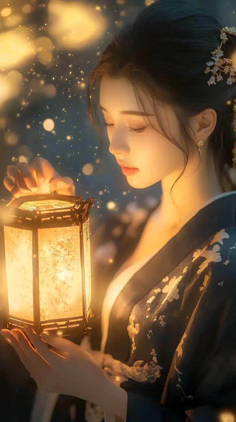 Hanfu-Frau mit goldener Laterne im Tuschmalerei-Stil