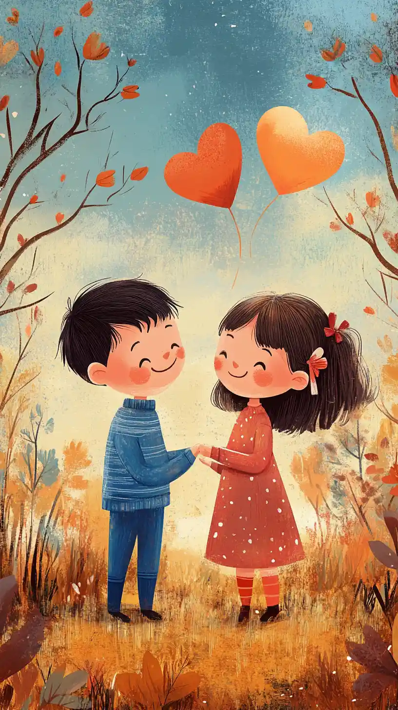 Two smiling children holding a big heart smile illustration
