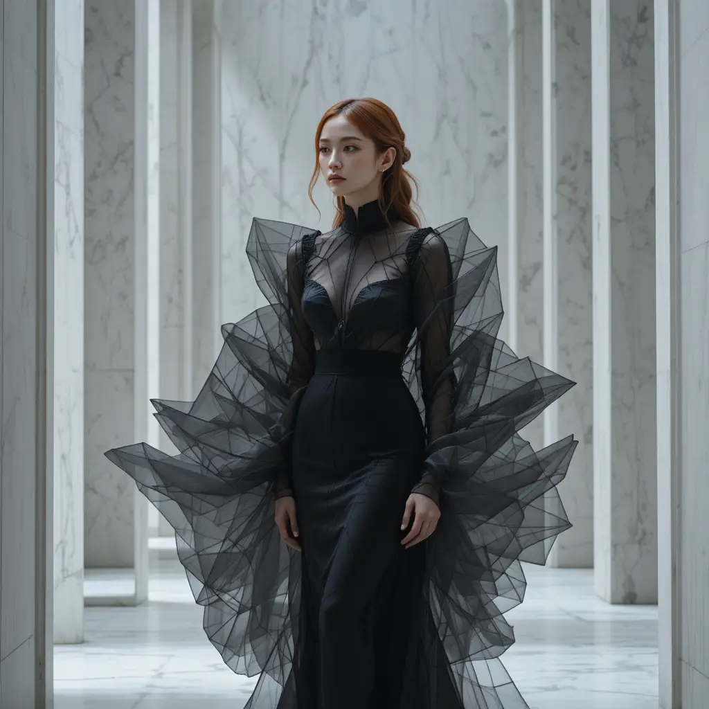 Donna coreana in abito couture nero geometrico in sala di marmo