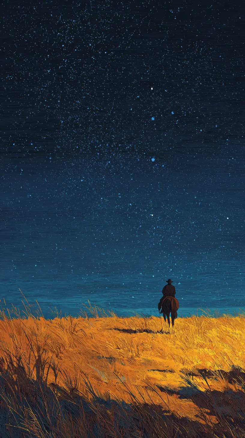 Traveler And Horse In Golden Grass Under Starry Sky
