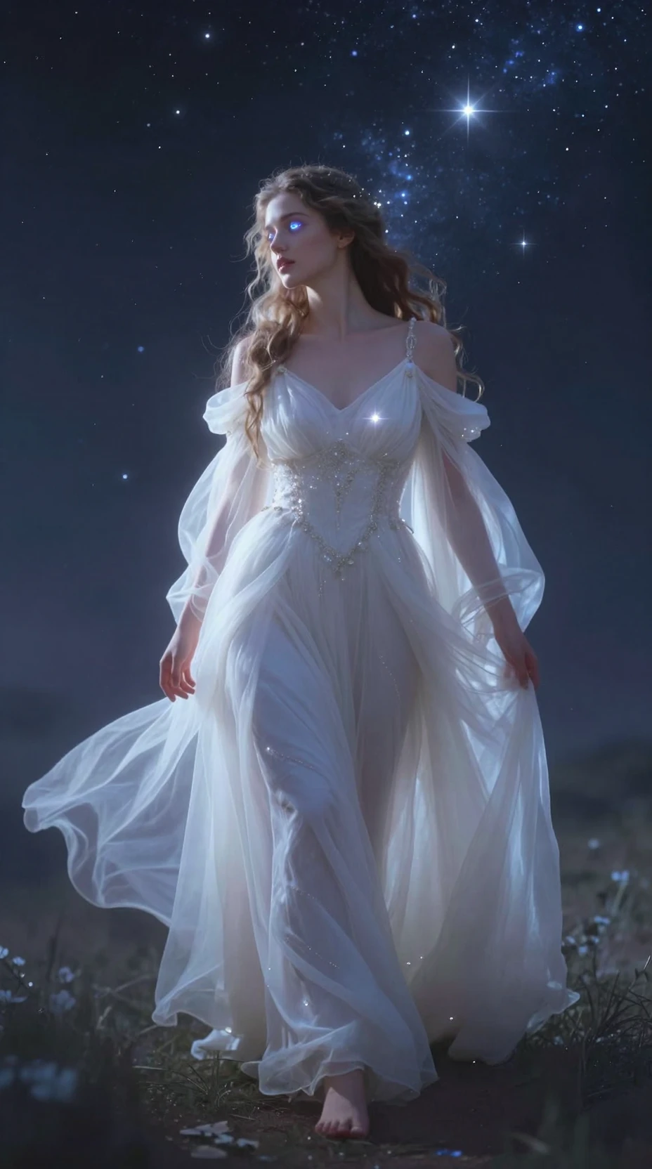 Beautiful woman walking beneath a calm starry night sky