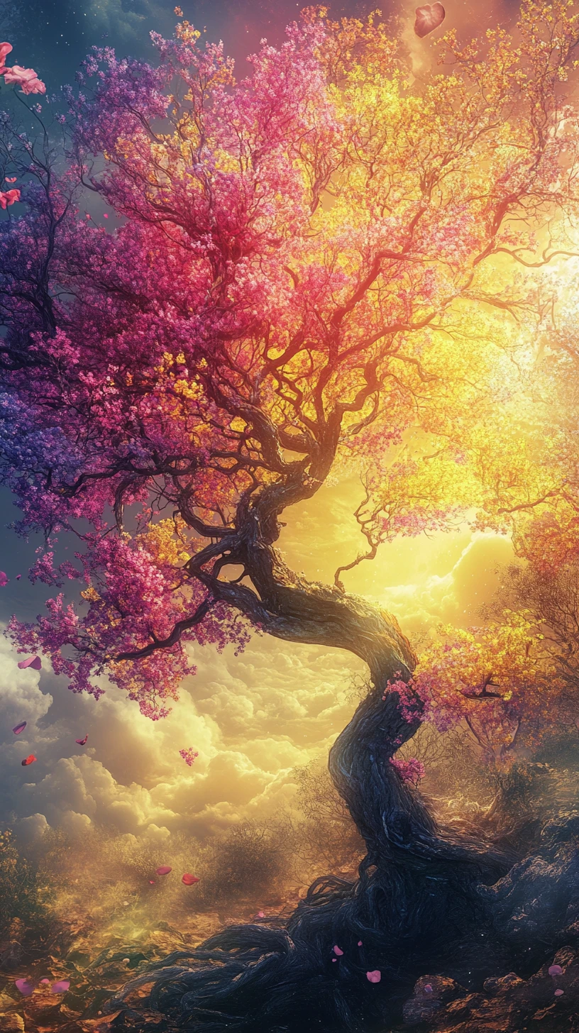 Verdorrter Baum erblüht im Sonnenlicht in bunten Farben