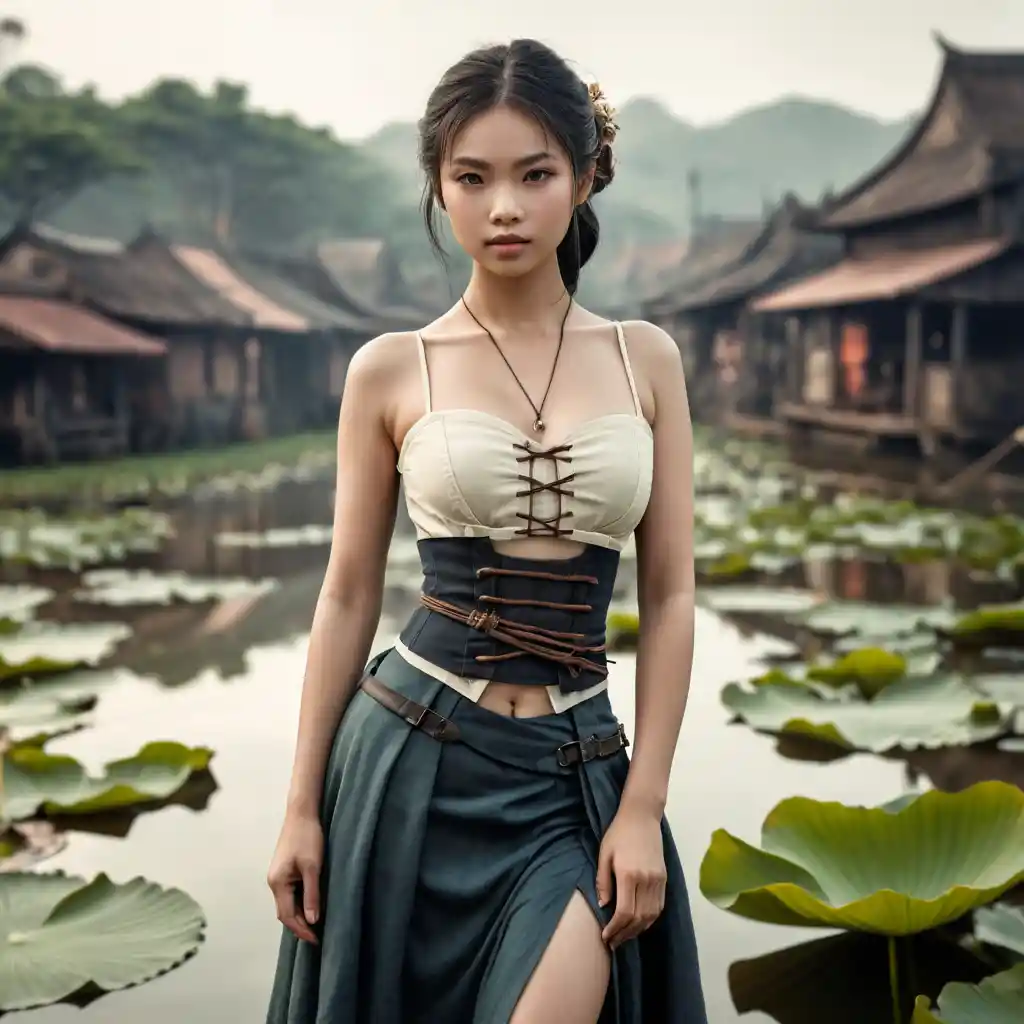 Vietnamese woman in steampunk outfit by lotus pond