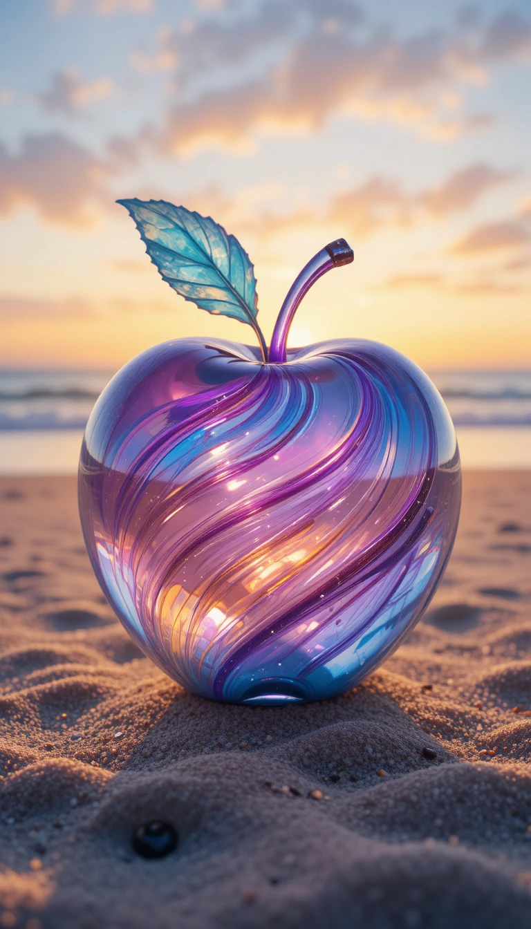 Glass apple glowing with color on a serene beach sunset