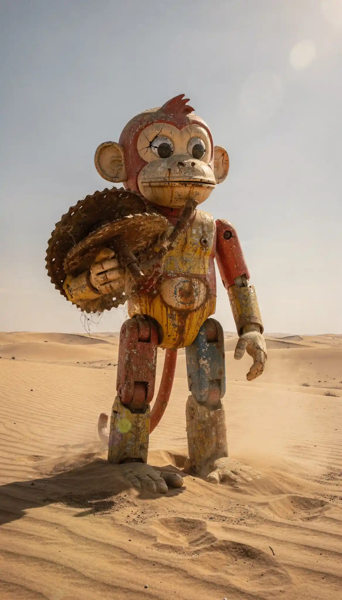 Giant weathered toy monkey standing alone in empty desert