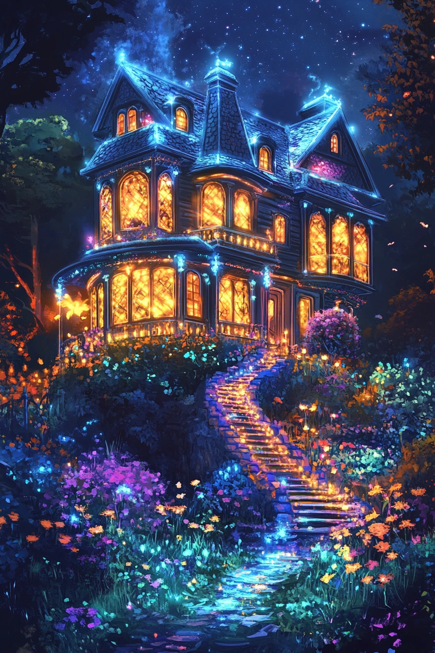 Iridescent Piano Shaped House With Neon Border Lights