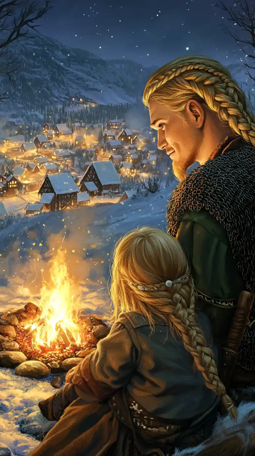 Viking father and daughter by a winter campfire
