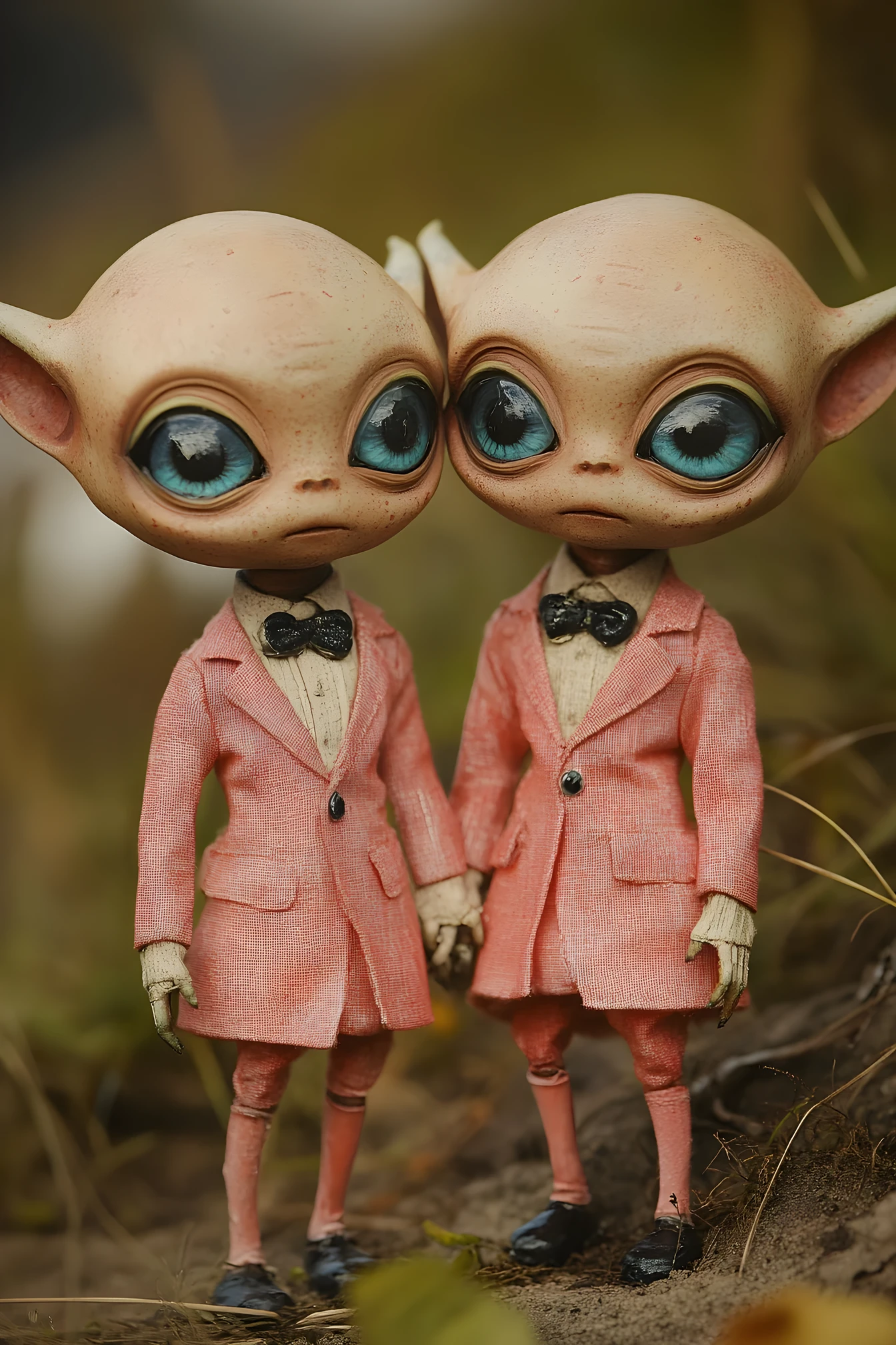 Cute tiny alien boy and girl in matching red pink suits