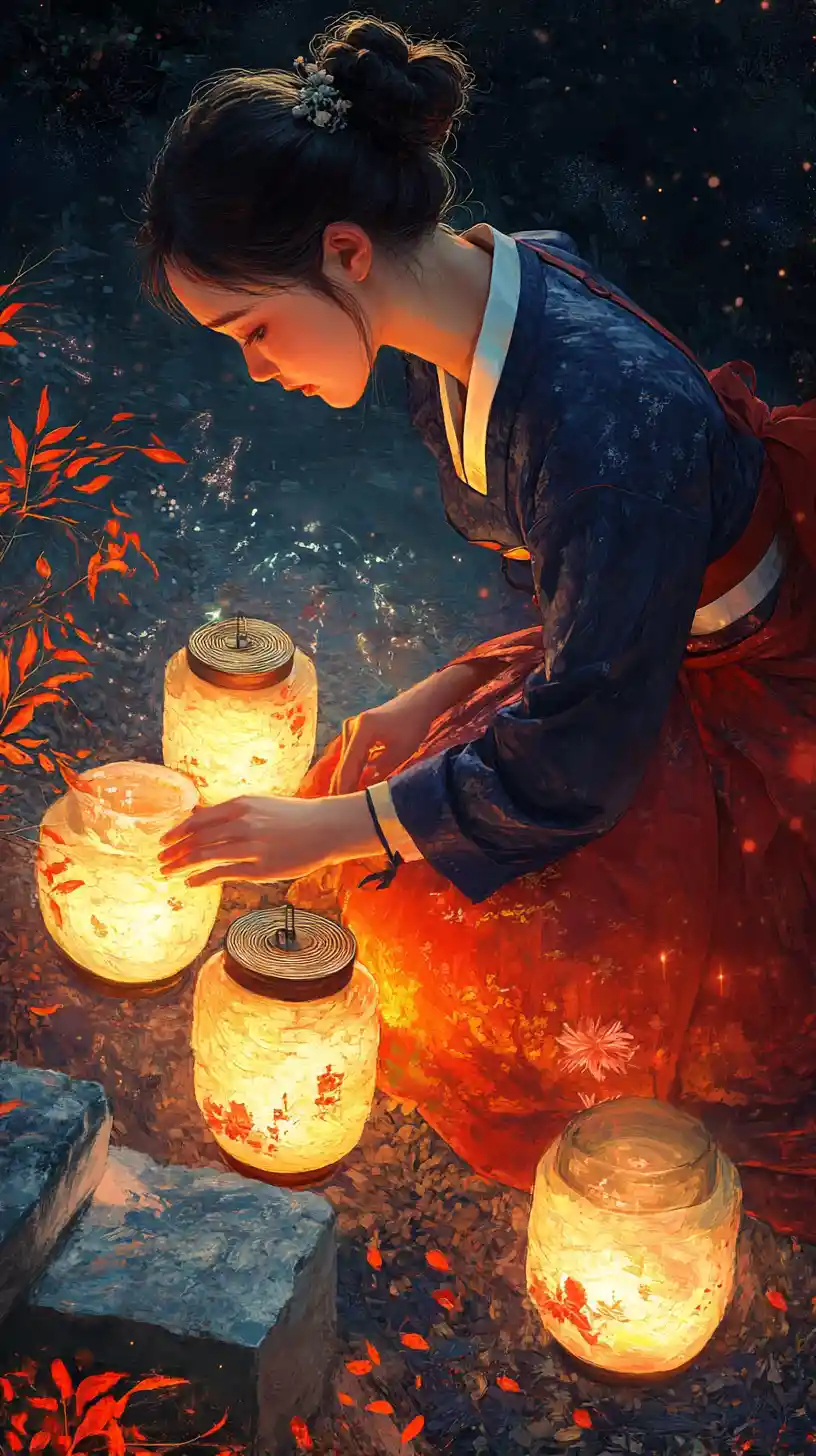 Woman In Korean Hanbok Placing Glowing Lantern Jars