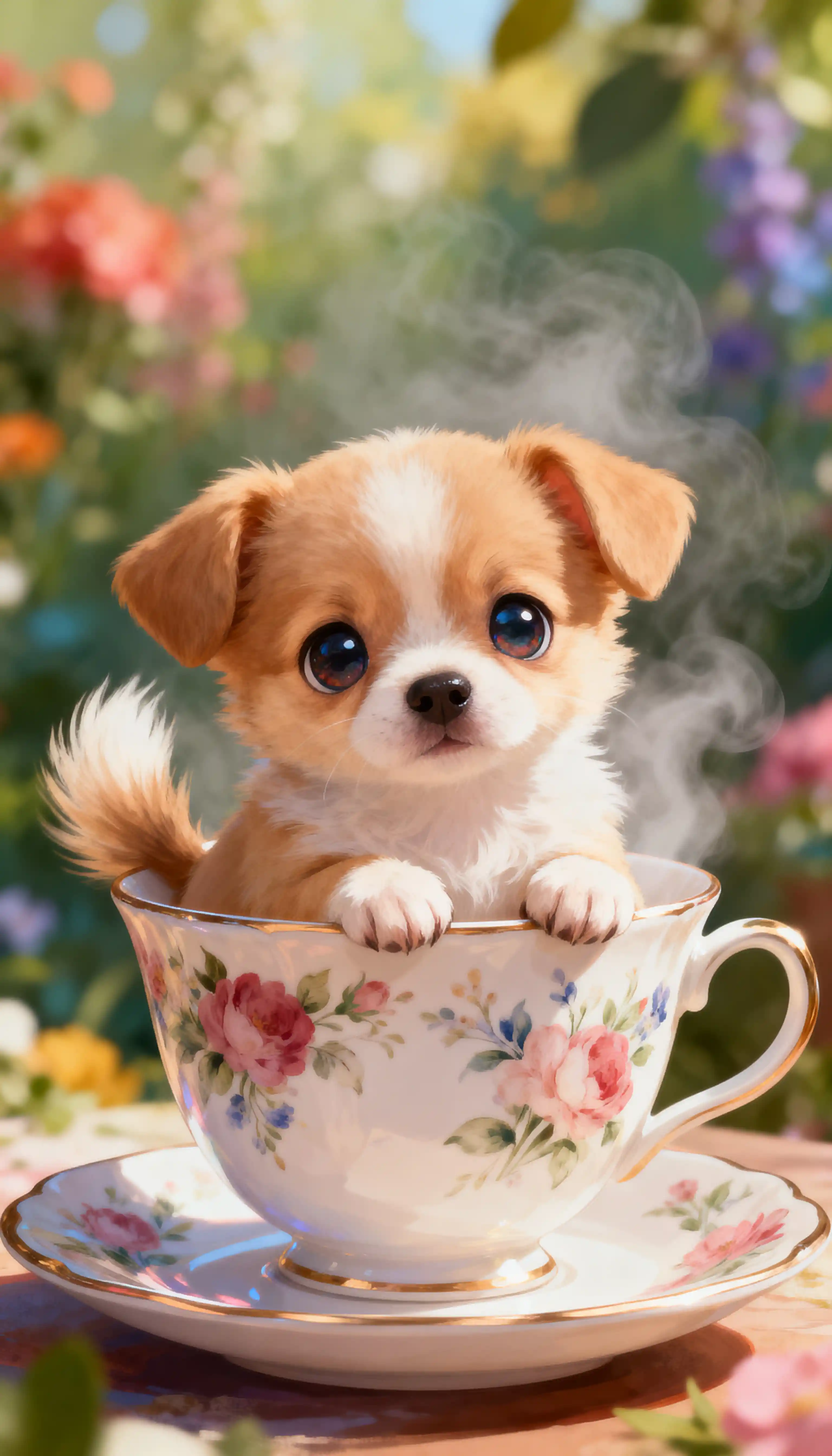 Adorable tiny puppy sitting snugly inside a floral tea cup