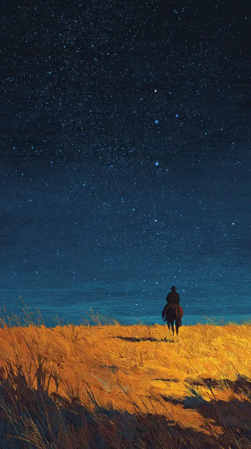 Traveler And Horse In Golden Grass Under Starry Sky