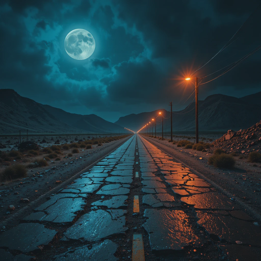 Haunted highway cutting through a lonely desolate night landscape