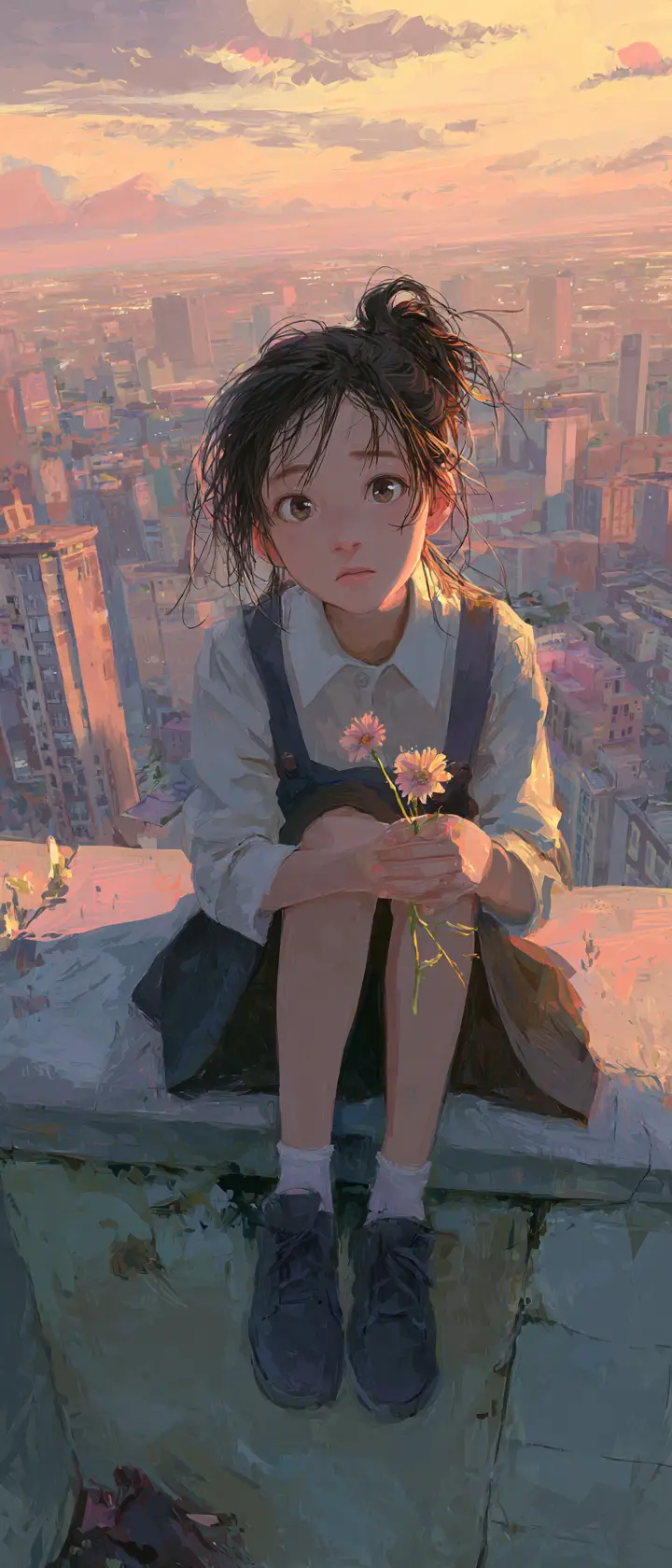 Teenage girl on school rooftop at sunset holding flower