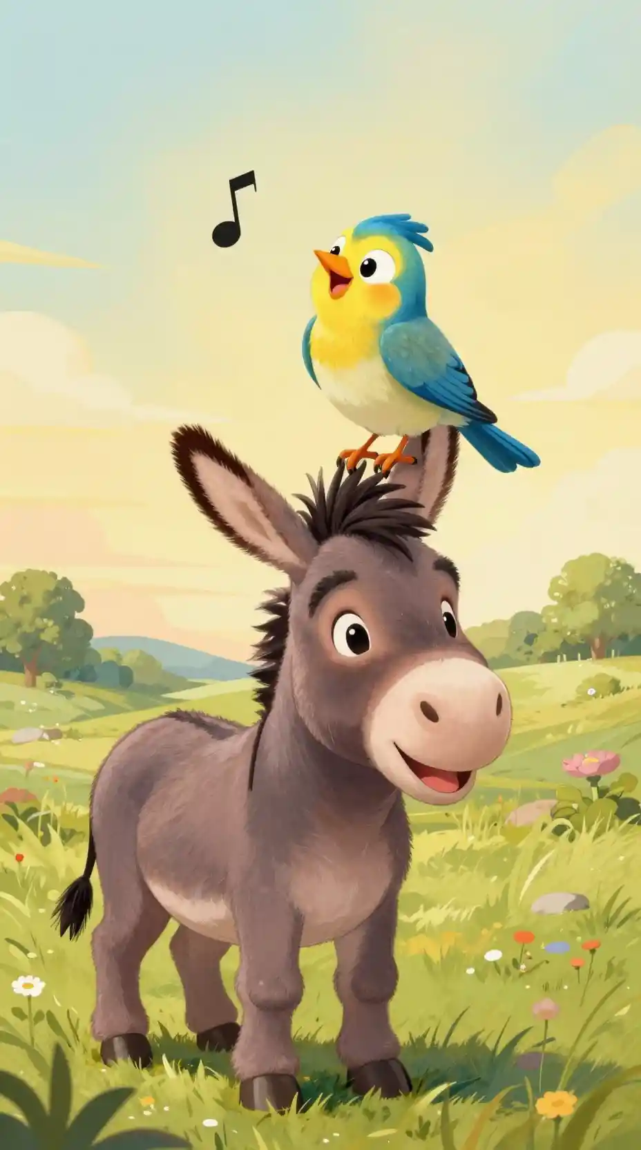Pájaro Alegre sobre un Burro en un Campo Cálido y Soleado